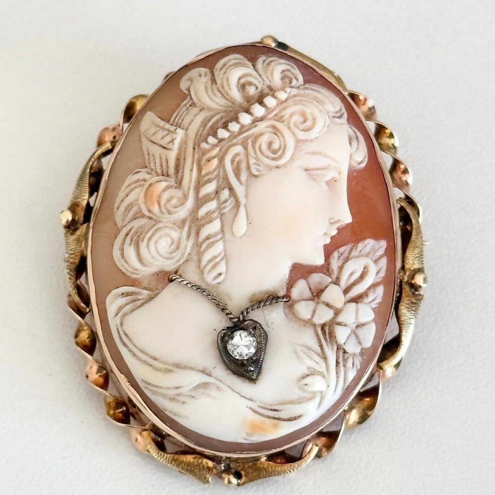 Vintage 14K Solid Yellow Gold Carved Shell Cameo Diamond Heart Framed Brooch Pin